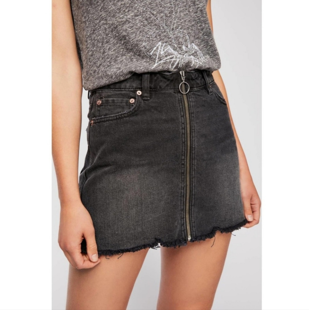 We the free - FP movement black denim full zip up skirt raw hem size 29 NWOT